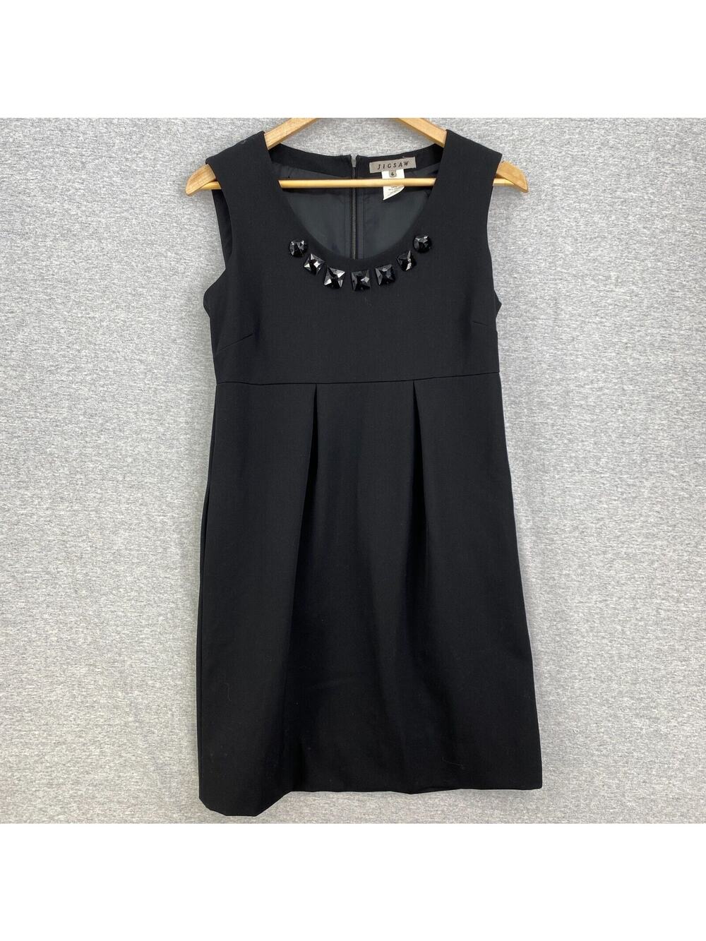 Jigsaw Dress Womens 6 Black Wool Sleeveless Empire Career Embellished Zipper